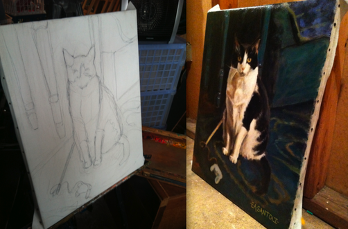 Eric Santoli's pet portrait shows the original sketch and finished painting, side by side.