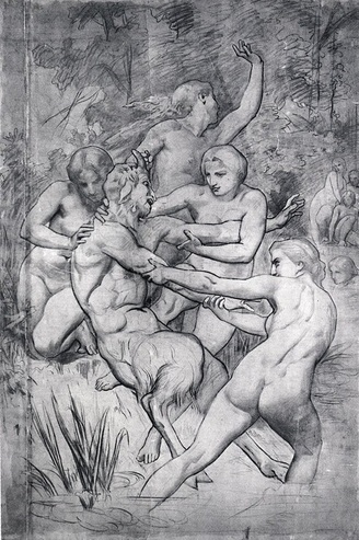 A charcoal cartoon drawing of Nymphs and Satyr by William-Adolphe Bouguereau.